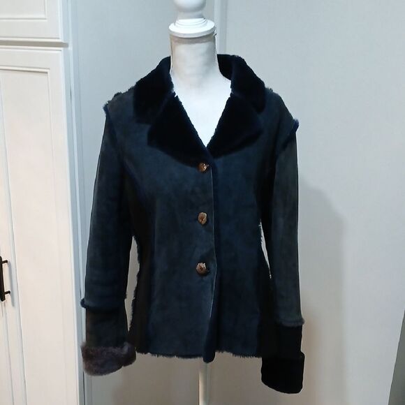 Black/Blue/Gray Lambskin  Leather Jacket with Fur Trim and Fitted Silhouette - Picture 1 of 11